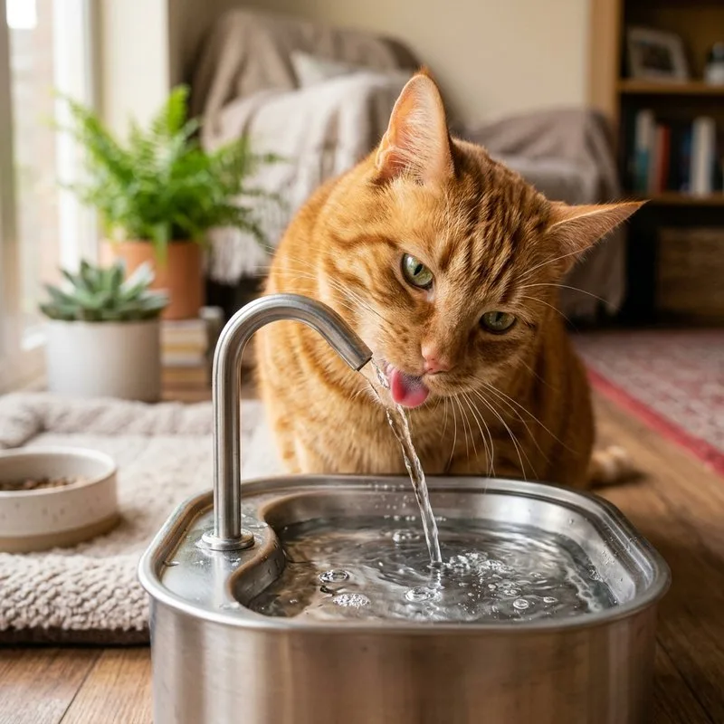 Chat en bonne santé buvant à une fontaine