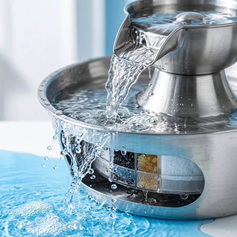 Eau claire filtrée dans une fontaine pour chat