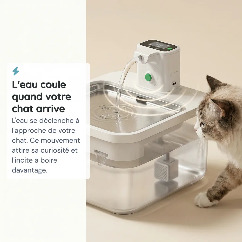 Fontaine à Eau pour Chat Sans Fil en Inox - Capteur de Mouvement - 2,5 L
