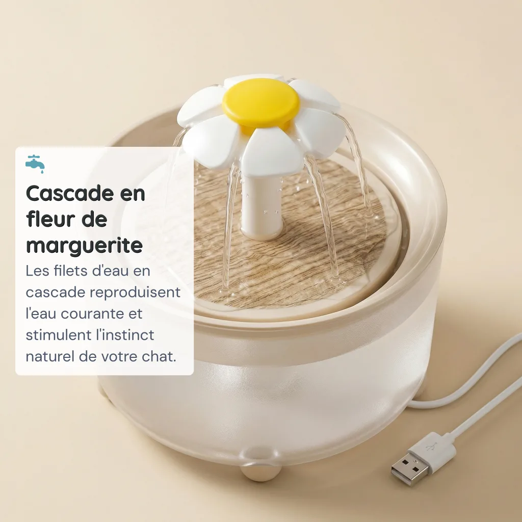 Mini Fontaine à Eau pour Chat Compacte - Effet Cascade Marguerite - 1,2 L