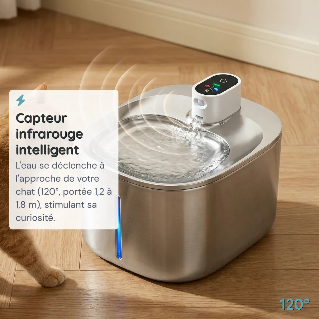 Fontaine à Eau pour Chat Sans Fil Inox 304 - Capteur Infrarouge - 4 L
