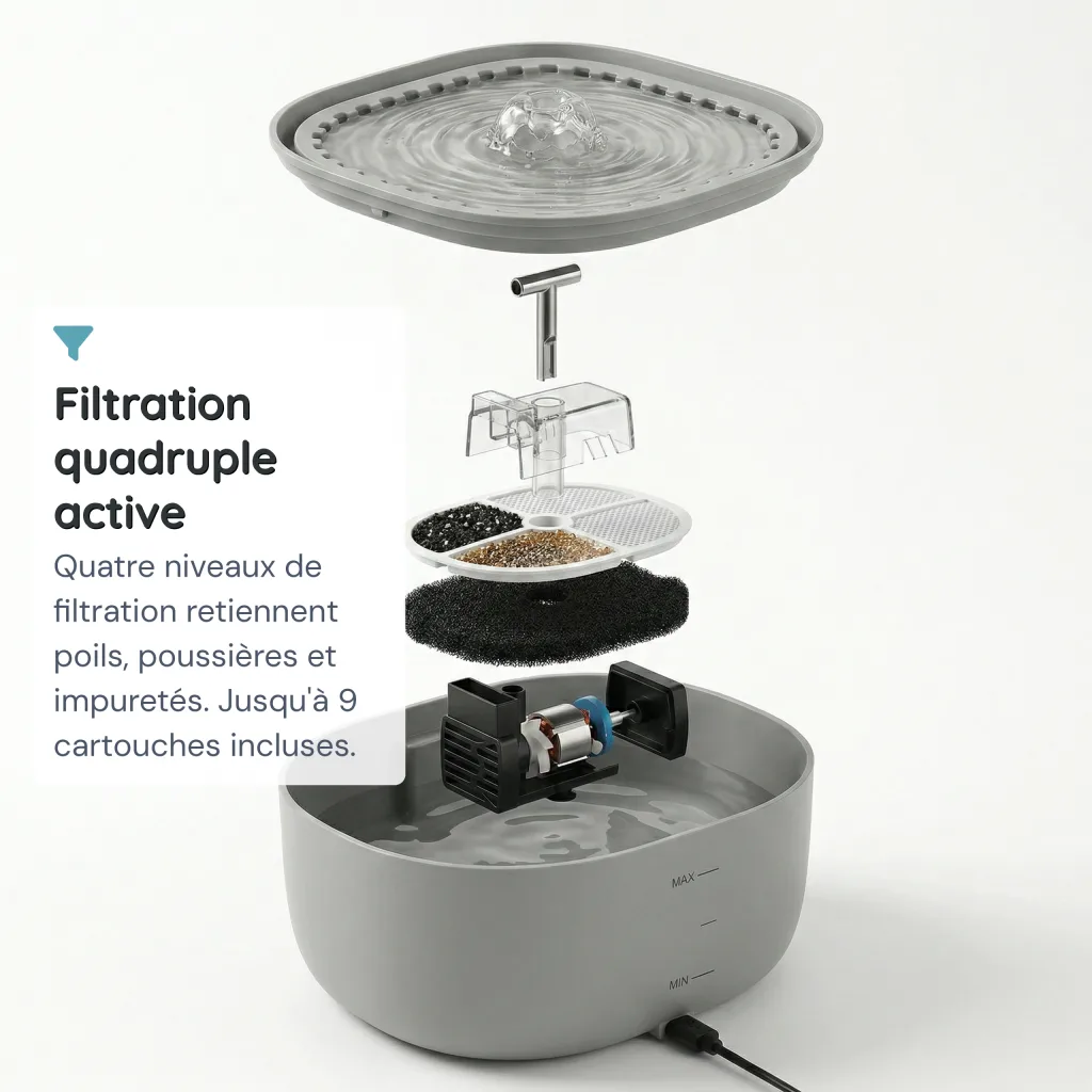 Fontaine à Eau pour Chat Compacte - Pompe Silencieuse 30 dB - Double Débit - 3 L