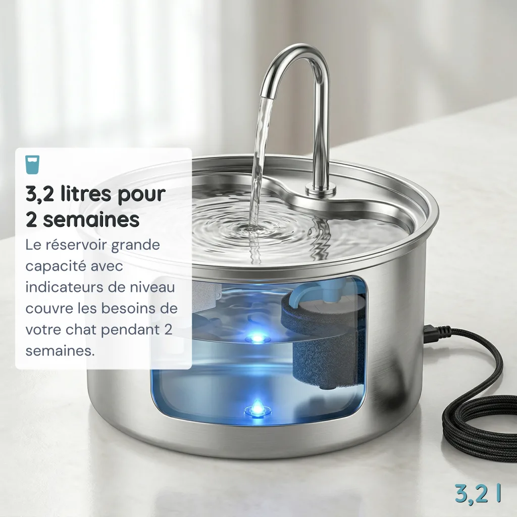 Fontaine à Eau pour Chat Tout Inox 304 - Col de Cygne - 20 dB - 3,2 L