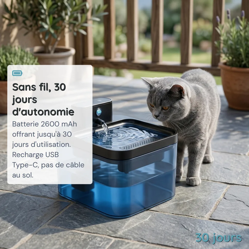 Fontaine à Eau pour Chat Sans Fil - Capteur Infrarouge 150° - 2,2 L