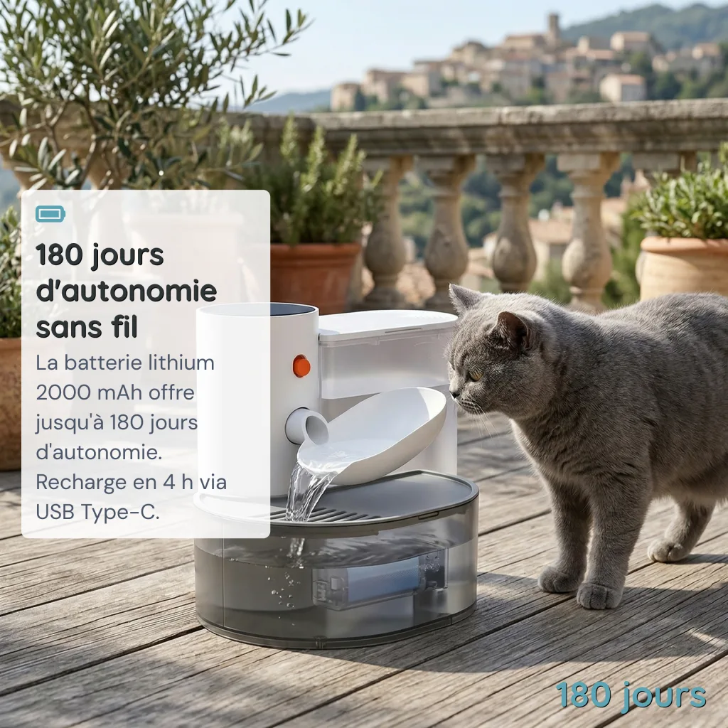 Fontaine à Eau pour Chat Sans Fil Sans Filtre - Écran LCD - 180 Jours - 3 L