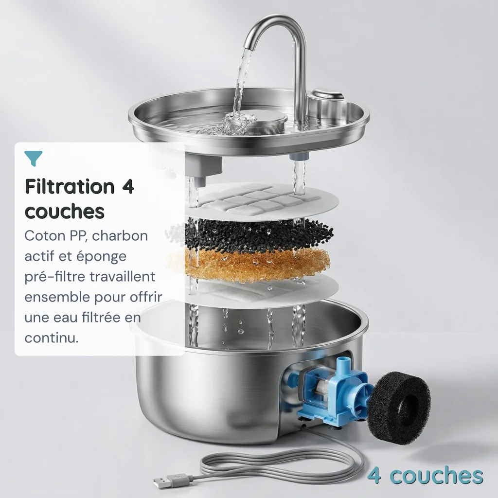 Fontaine à Eau pour Chat Inox 304 - Col de Cygne - Filtration 4 Couches - 2,2 L