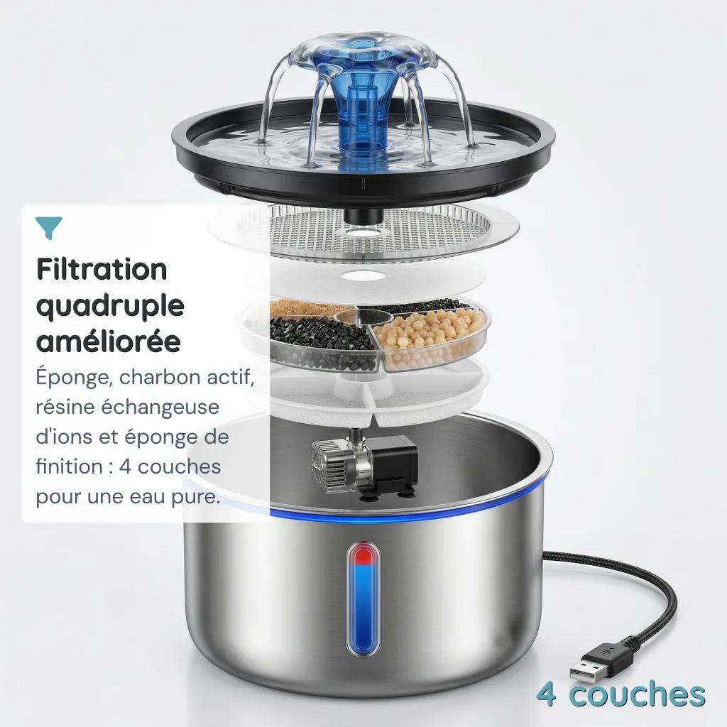 Fontaine à Eau pour Chat Inox SUS 304 - Arrêt Automatique - LED - 2,5 L