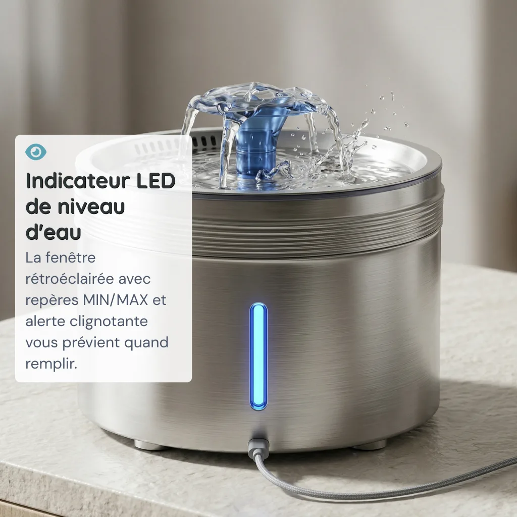 Fontaine à Eau pour Chat Inox SUS 304 - Arrêt Automatique - LED - 2,5 L