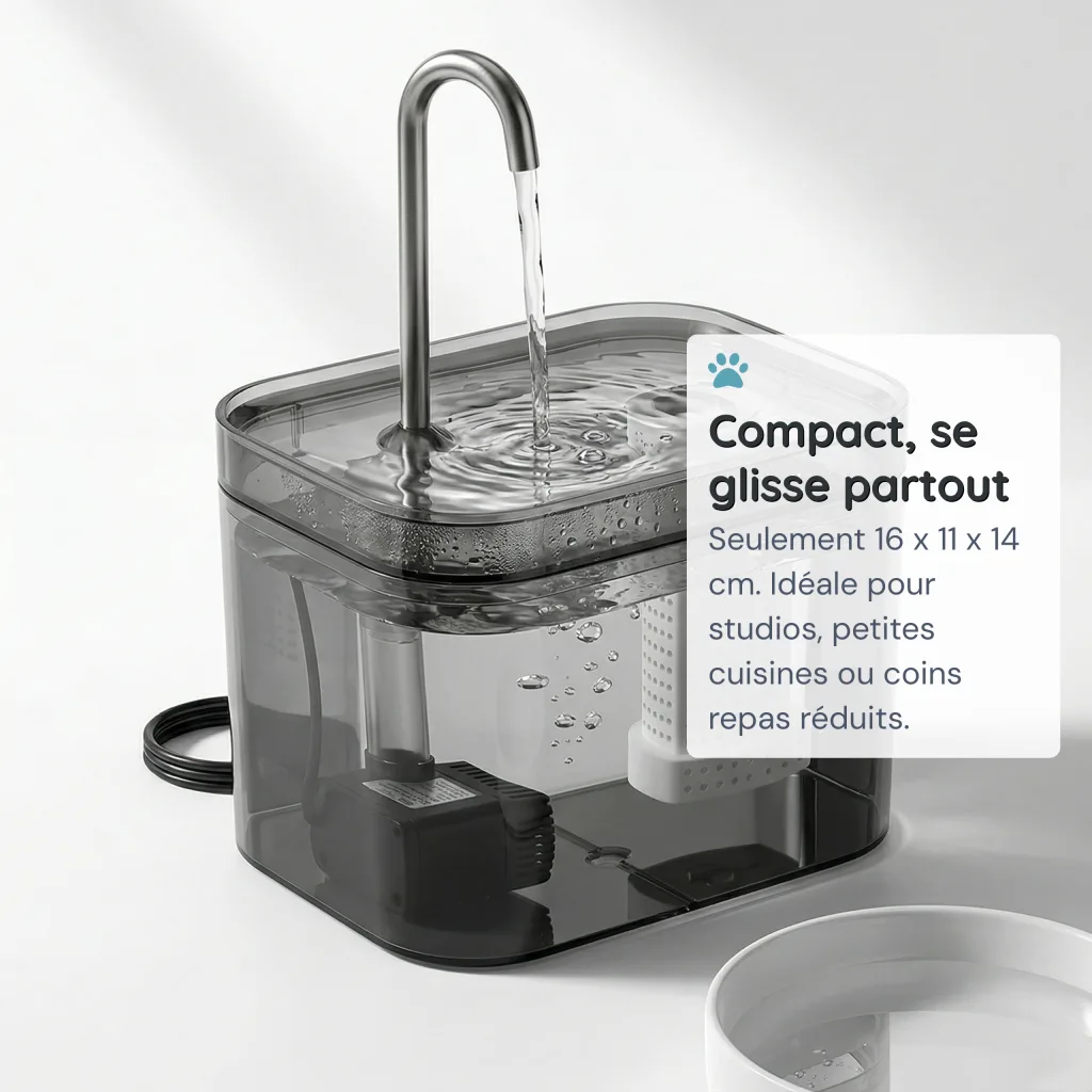 Fontaine à Eau pour Chat Ultra Compacte - Bec en Arc - Transparente - 1,5 L