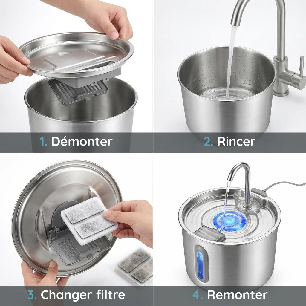 Fontaine à Eau pour Chat Inox 304 Intégral - Quasi Inaudible 20 dB - 2,2 L