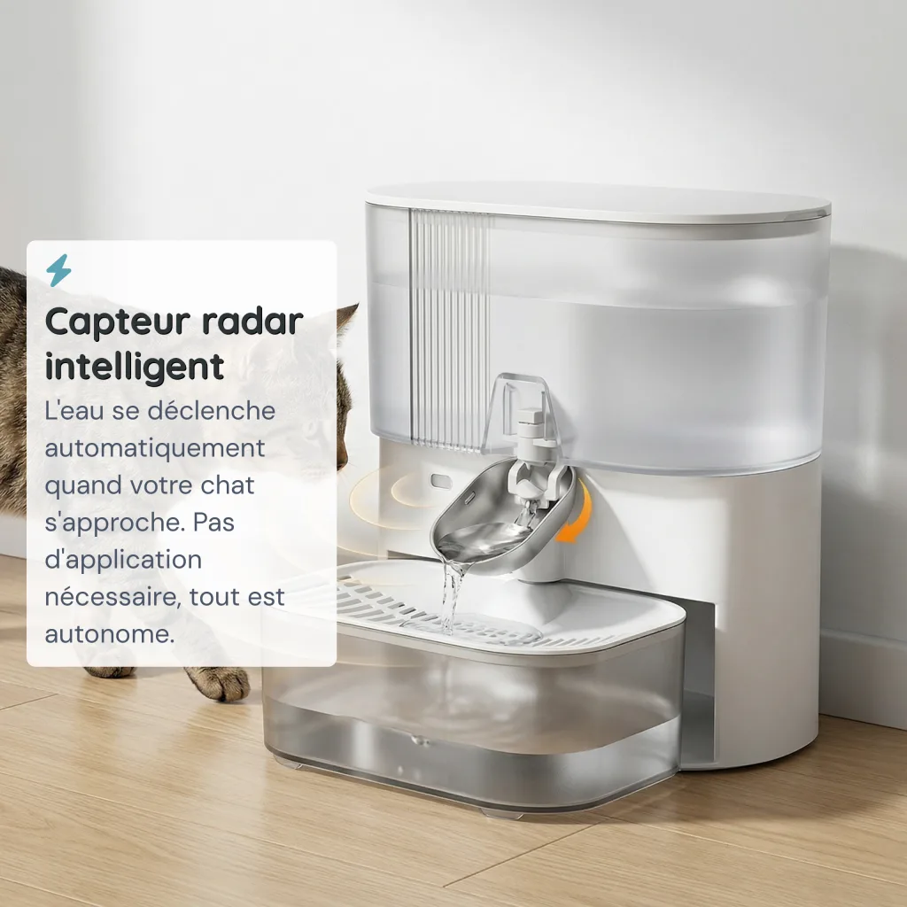 Fontaine à Eau pour Chat Sans Fil - Capteur Radar - Sans Filtre - Inox 304 - 3 L