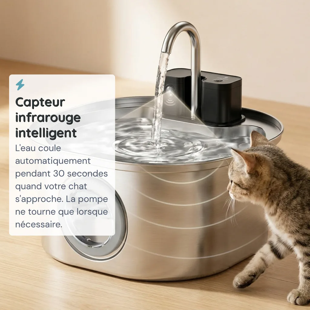 Fontaine à Eau pour Chat Tout Inox Brossé - Sans Fil - 3 Modes - 3,2 L