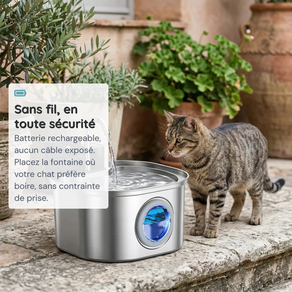 Fontaine à Eau pour Chat Tout Inox Brossé - Sans Fil - 3 Modes - 3,2 L