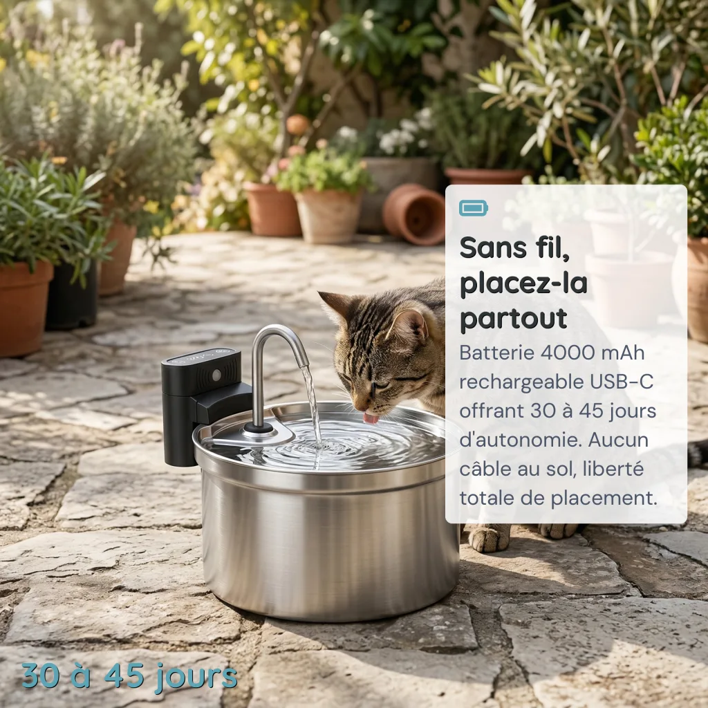 Fontaine à Eau pour Chat Sans Fil - Capteur Infrarouge 120° - Inox 304 - 3,5 L