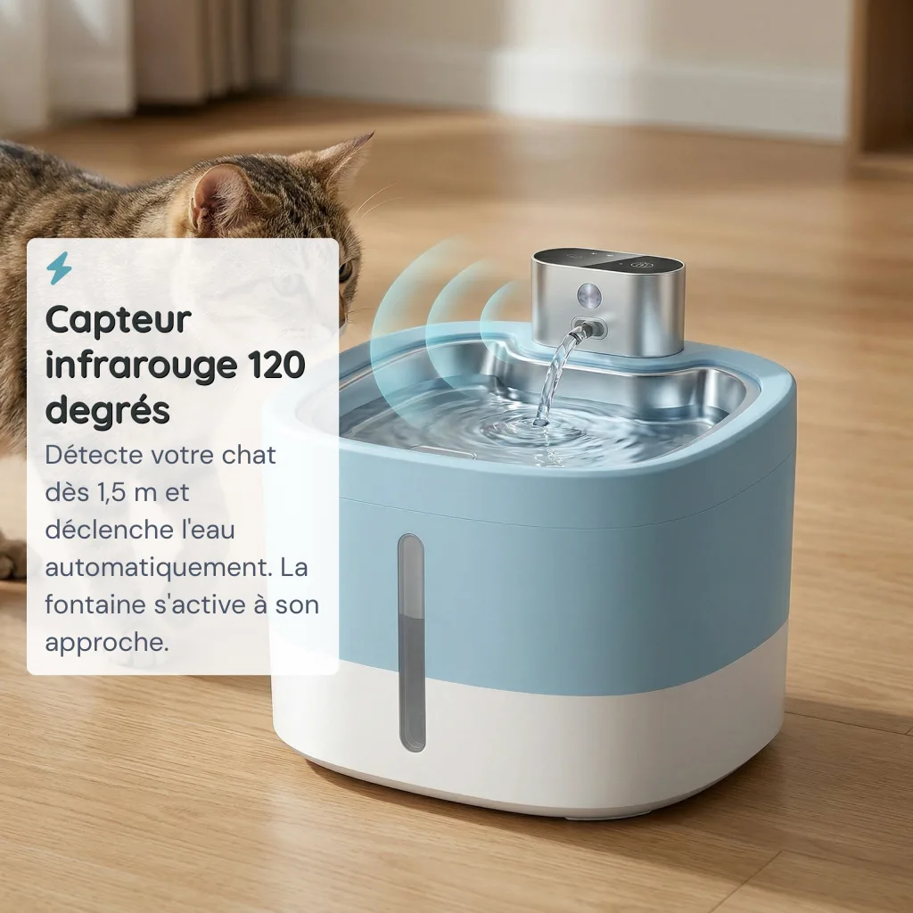 Fontaine à Eau pour Chat Sans Fil - Capteur Infrarouge 120° - Inox 304 - 3,5 L