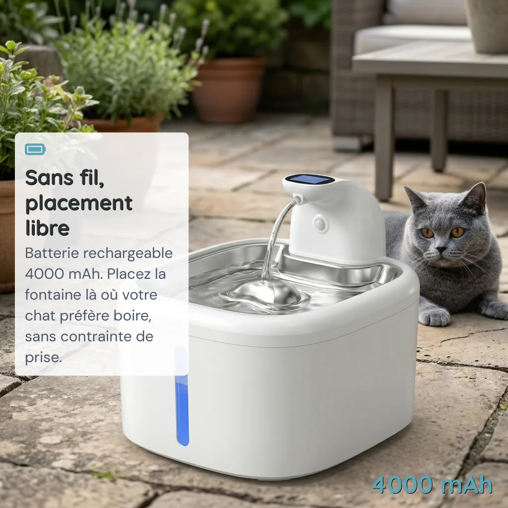 Fontaine à Eau pour Chat Sans Fil 23 dB - Capteur de Mouvement - 3,5 L