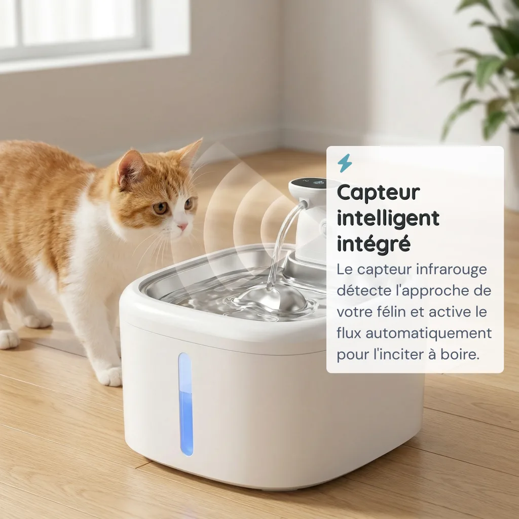 Fontaine à Eau pour Chat Sans Fil 23 dB - Capteur de Mouvement - 3,5 L