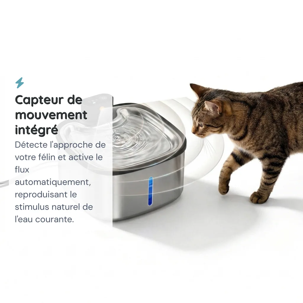 Fontaine à Eau pour Chat Tout Inox Sans Fil - Capteur de Mouvement - 3,5 L