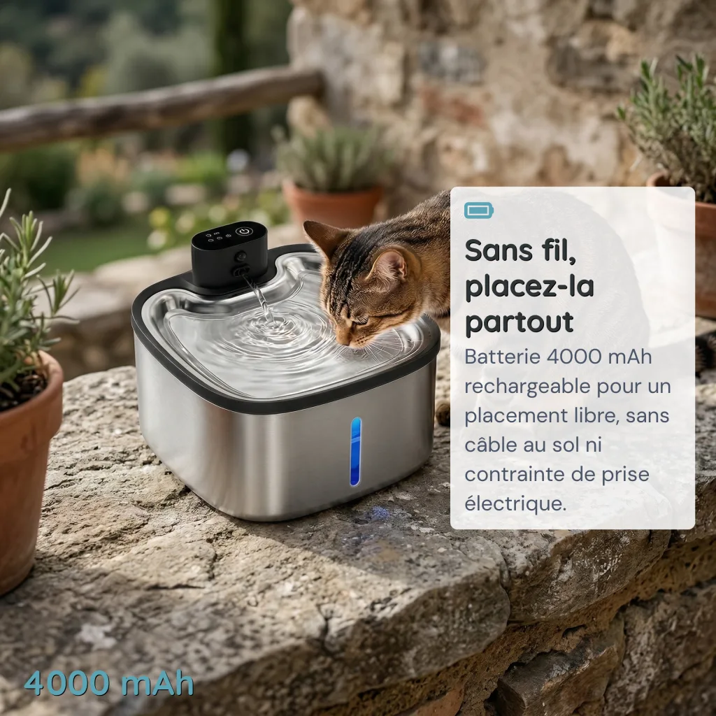 Fontaine à Eau pour Chat Tout Inox Sans Fil - Capteur de Mouvement - 3,5 L