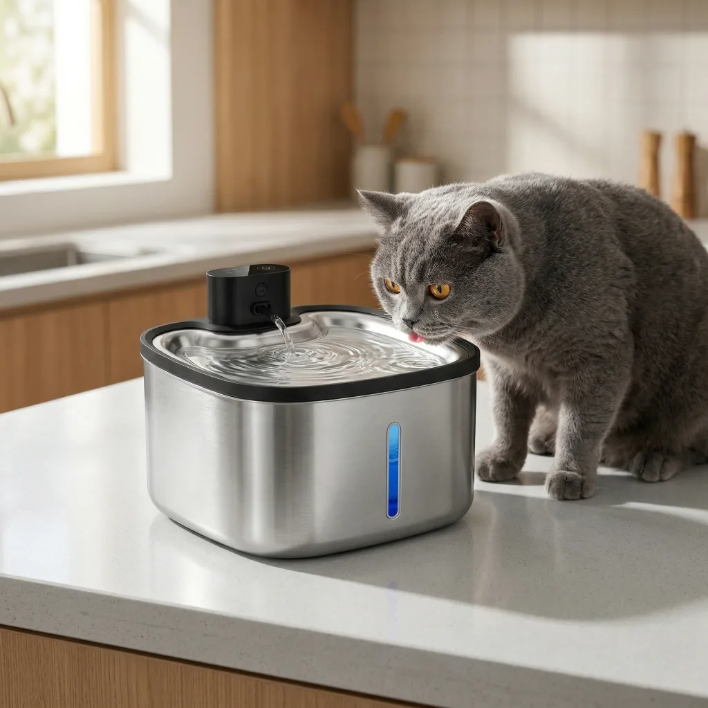 Fontaine à Eau pour Chat Tout Inox Sans Fil - Capteur de Mouvement - 3,5 L